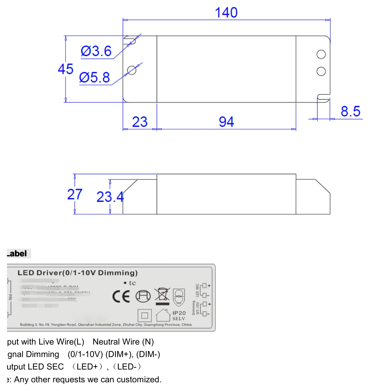 SC-20-12PWM 20W 0-10V dimmable driver Mechanical Specification