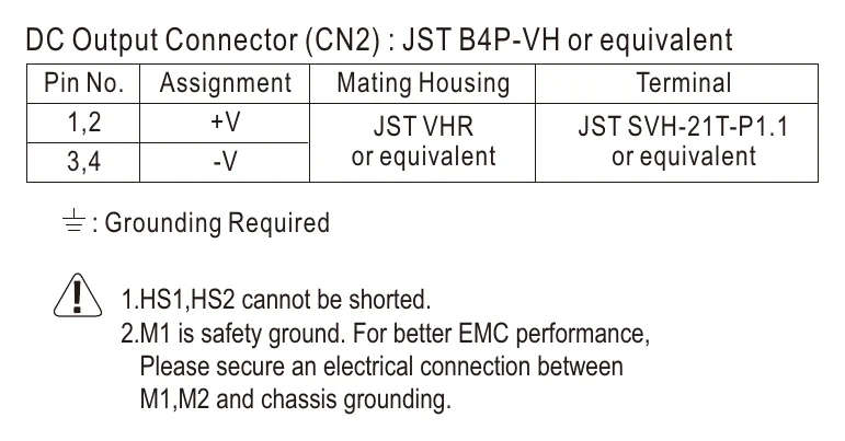 RPS-60-3.3 DC Output Connector (CN2) : JST B4P-VH or equivalent