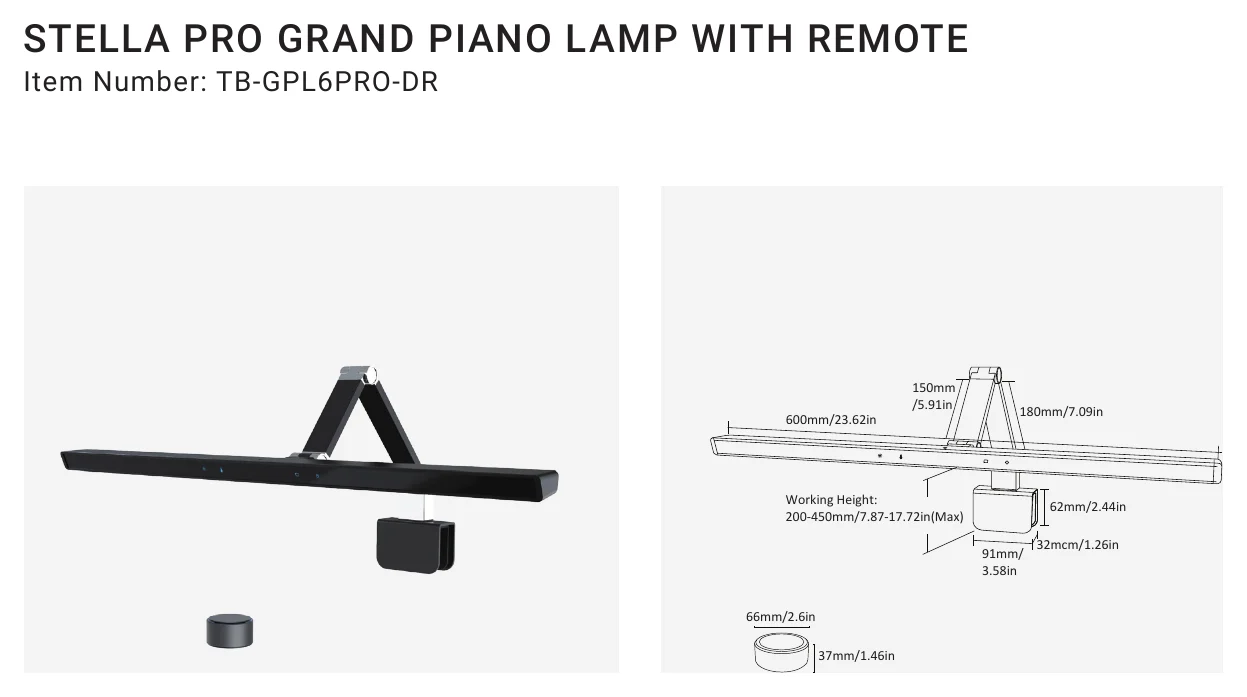 TB-GPL6PRO-DR STELLA PRO GRAND PIANO LAMP WITH REMOTE