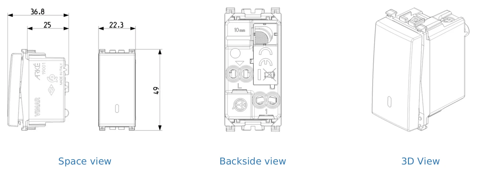 Vimar Arke Metal 2 Gang switch - Matt Graphite - 16A Installation switch VM-19001: drawing