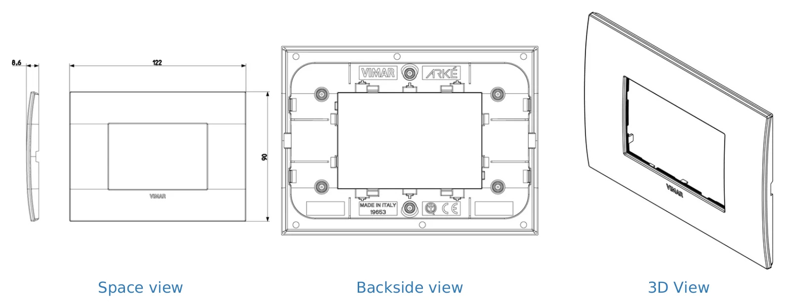 Vimar Arke Metal 3 Gang switch - Matt Graphite - 16A Cover plate VM-19653.01: drawing