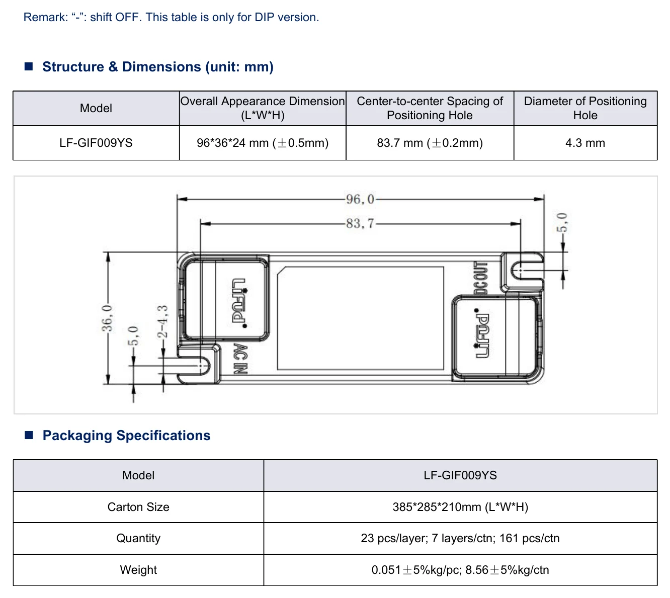LF-GIF009YS0180H Structure & Dimensions (unit: mm)