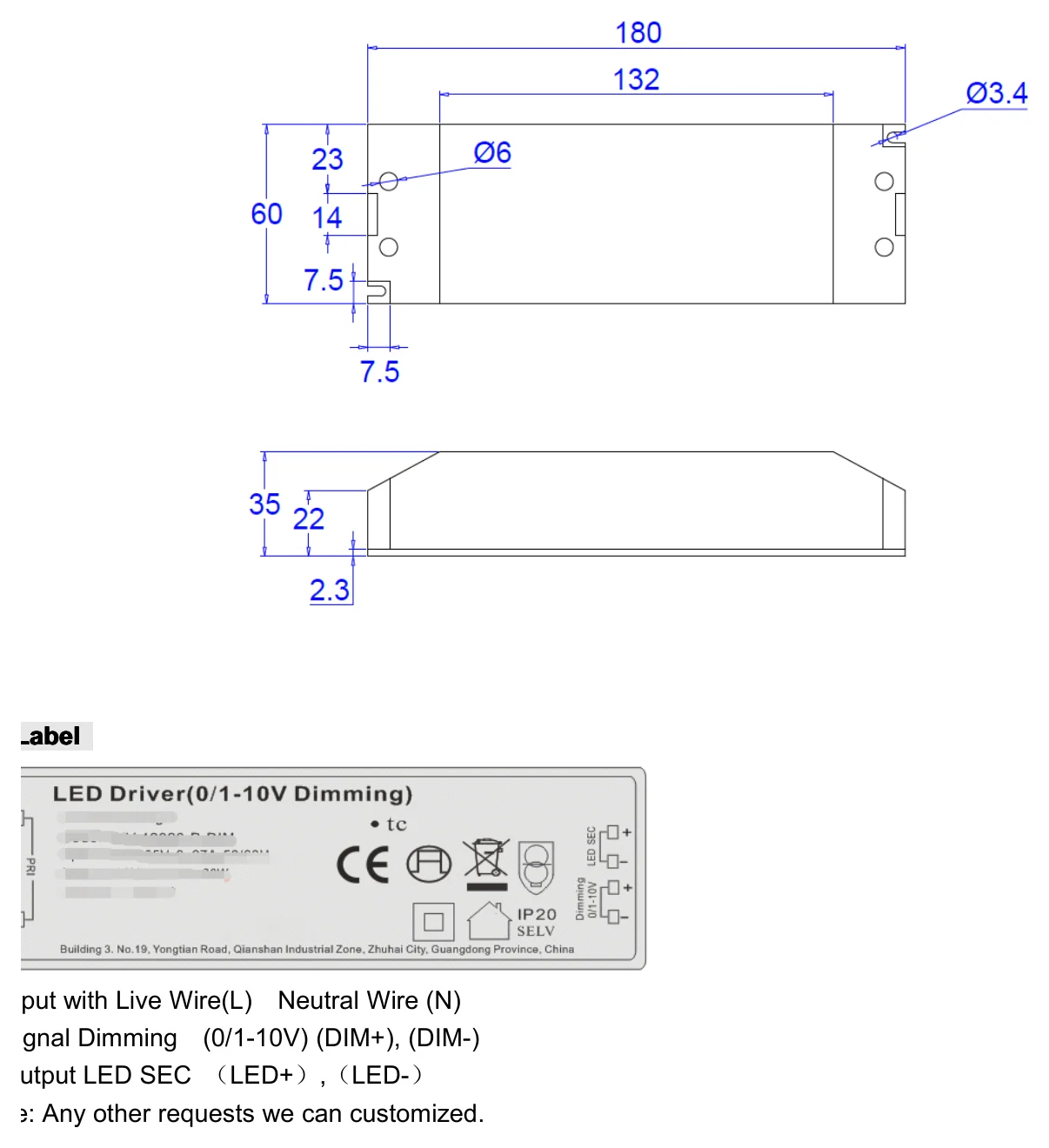 SC-45-24PWM 45W 0-10V dimmable driver Mechanical Specification