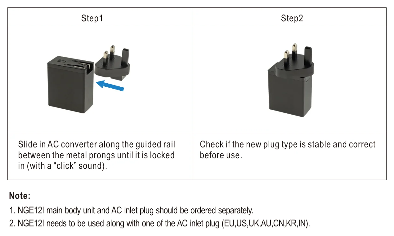 NGE12I05-P1J Interchangeable AC Plug Installation