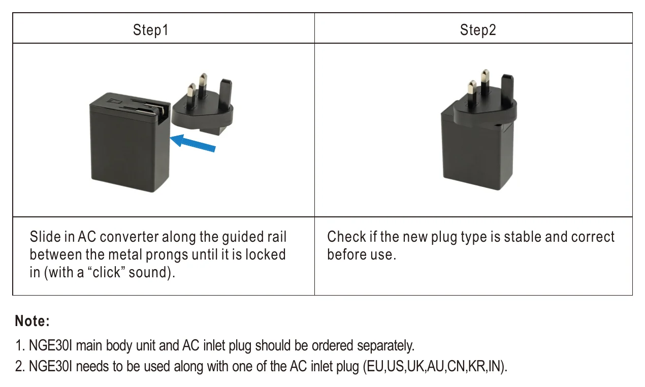NGE30I12-P1J Interchangeable AC Plug Installation