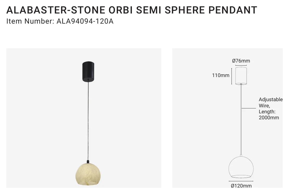 ALA-94094-120A ALABASTER-STONE ORBI SEMI SPHERE PENDANT