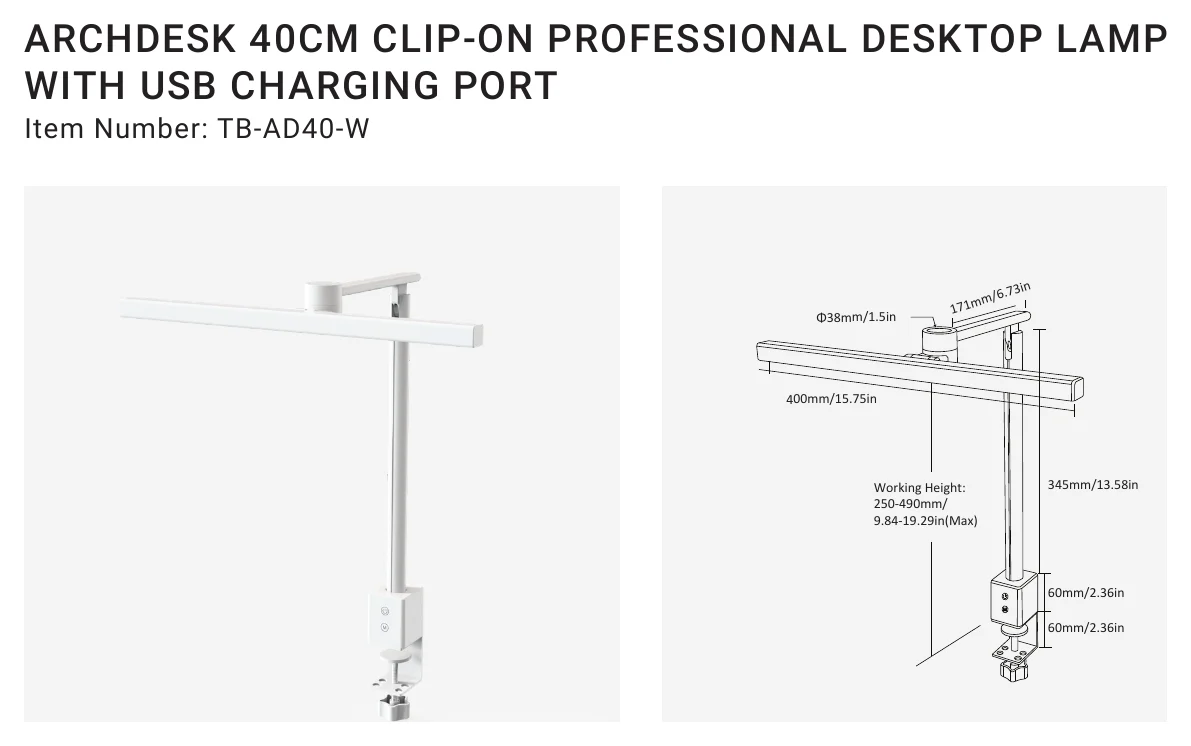 TB-AD40-W ARCHDESK 40CM CLIP-ON PROFESSIONAL DESKTOP LAMP